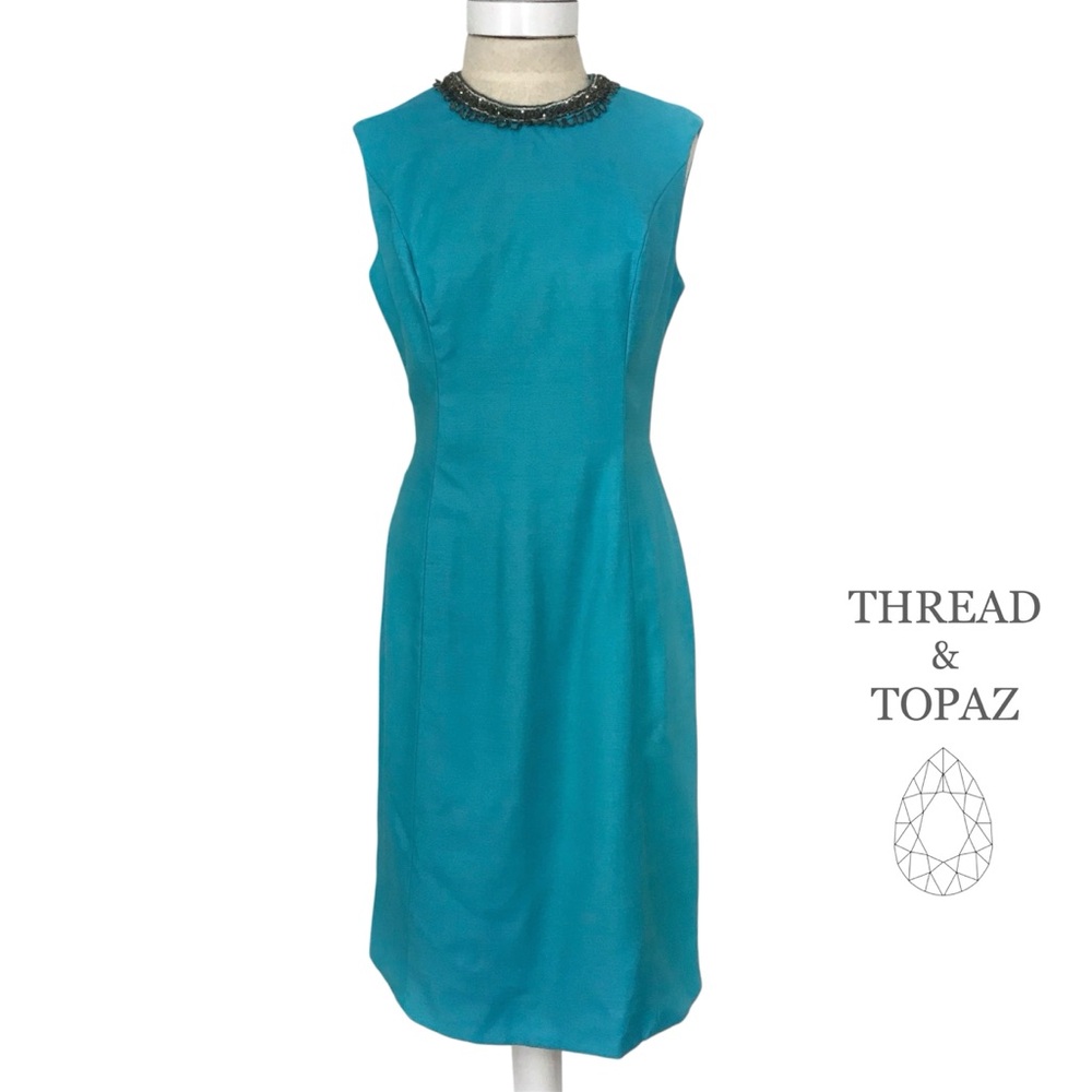 Vintage Jackie O 50s Turquoise Blue Shift Dress With Beading